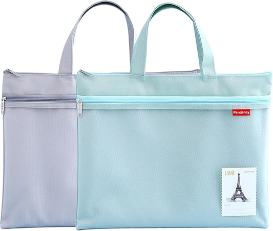 Pendancy Mesh Zipper Pouch 11x13.7 in, 2 pcs Large Double Pocket Waterproof File Bag with Handle, A4 Size Foldable Document Storage for Puzzle Project/Cross Stitch/Travel/Office（Gray Green）