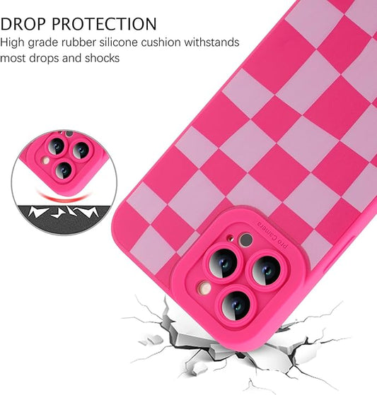 ZIYE for iPhone 12 Pro Max Case Hot Pink Grids Plaid Checkerboard Pattern Phone Case with Camera Protection,Soft TPU Silicone Rubber Protective Cover Grid Checkered Chess Design Cases