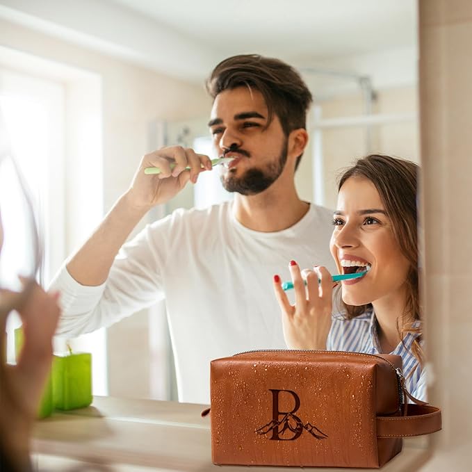 Personalized Gifts Travel Toiletry Bag for Men Engraved Initial PU Leather Waterproof Shaving Bag for Toiletries Accessories Fathers Day Birthday Gift for Men Dad Husband Son, Light Brown Z