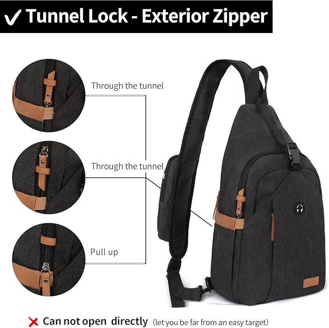 Sling Bag for Men, Large Crossbody Bag Men with Anti Theft Tunnel Lock Zipper Canvas Sling Backpack for Travel Hiking