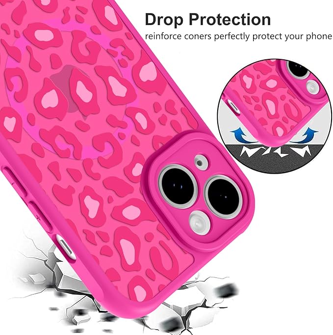 KANGHAR Case for iPhone 15 Hot Pink Leopard Printed Pattern Cute Cheetah [Compatible with Magsafe] Protective Magnetic Case for Girls Women 6.1"