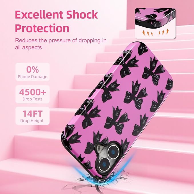 QLTYPRI Case for iPhone 16, Aesthetic Black Ribbon Bow Phone Case for Girls Women, Protective Hybrid 2-Layer Hard Shell Silicone Cover Durable Shockproof Phone Cover - Rose Red