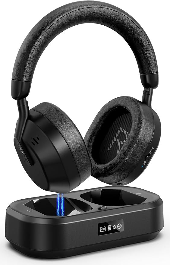 Ensemble-TV Wireless Headphones with LED Display, Bluetooth V5.3, No Lip-Sync Delay, Plug and Play, Gifts for Elderly (Black)