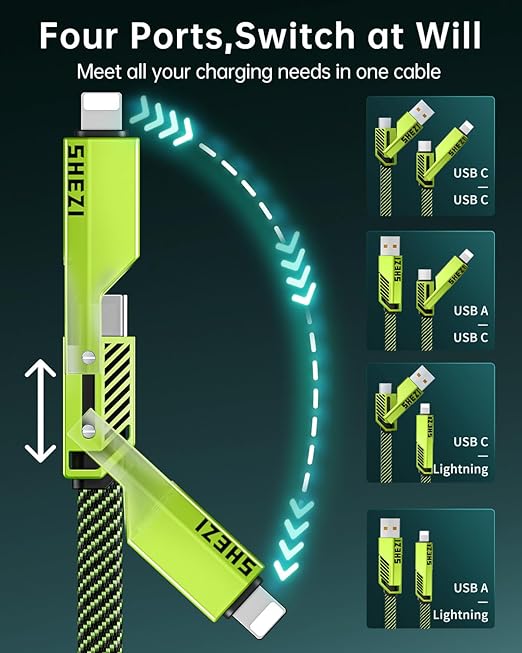 SHEZI [Upgraded 2.0 4-in-1 USB C Cable 60W 5FT Fast Charging [480Mbps Data Transfer] Flat Nylon Braided Charger Cord Combo, USB A/C to C/L Multi Charge Cable for iPhone/iPad & Most Devices, Green
