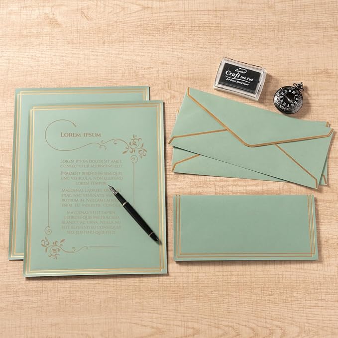 50 Pack Stationery Set with Gold Border, #10 Business Envelopes and 8.5x11 Paper Sheets and Stickers for Writing Letters (Sage-Green, 8.5x11 Inches)