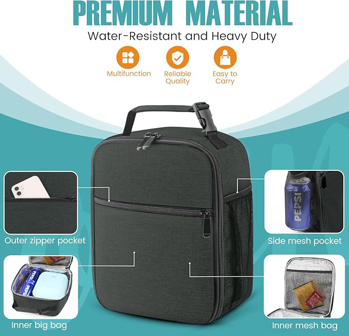 Lunch Bag for Men/Women, Reusable Lunchbox for Adult, Small Insulated Lunch box, Lunch Tote Bag for Office, Work, Picnic - Black