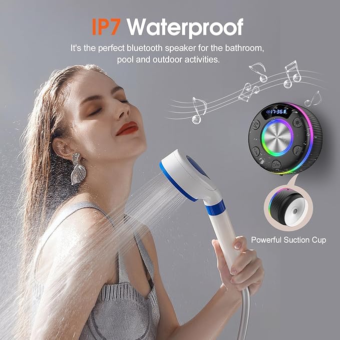 Bluetooth Shower Speaker, Portable Bluetooth 5.3 Speakers Wireless with Time Display, IP7 Waterproof Speakers with RGB Light, Suction Cup, Mini Stereo Speaker for Bathroom Party Beach Outdoor Gifts