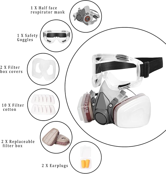 Respirator Mask, Half Face Cover Gas Mask with Safety Glasses Reusable Professional Breathing Protection, for Painting, Organic Vapor, Welding, Polishing, Woodworking and Other Work Protection