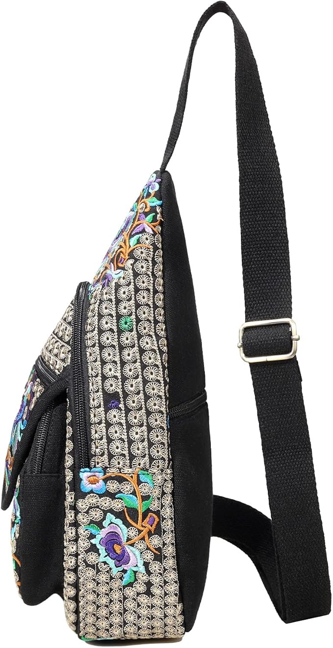 SILKAREA Vintage Embroidered Bohemian Small Sling Bag for Women Crossbody Rope Sling Backpack Purse Shoulder Bag