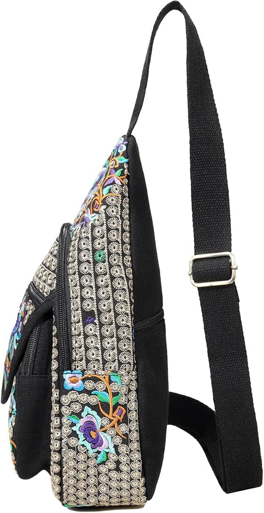 SILKAREA Vintage Embroidered Bohemian Small Sling Bag for Women Crossbody Rope Sling Backpack Purse Shoulder Bag