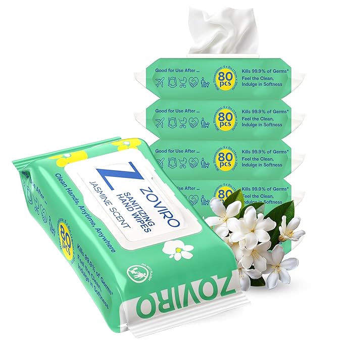 Zoviro Hand Sanitizing Wipes, Bergamot and Orange Essential Oils, Moisturizing Hand Sanitizer Wipes, Value Pack, Jasmine Scent, 80 Count (Pack of 6)