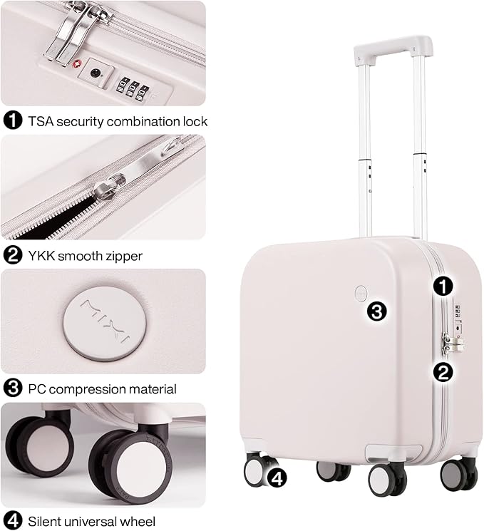 mixi Carry on Luggage, Suitcase with Spinner Wheels 16in Luggage Hardshell Lightweight Rolling Suitcases PC with Cover & TSA Lock, Off White（Slight Pink）