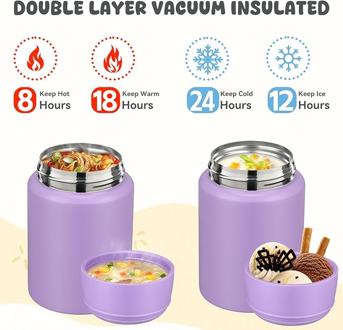 17oz Soup Thermo for Hot Food Kids Insulated Food Jar,Thermo Hot Food Lunch Container, Width Mouth Stainless Steel Lunch Box for Kids with Handle Folding Spoon(Purple-Pure)