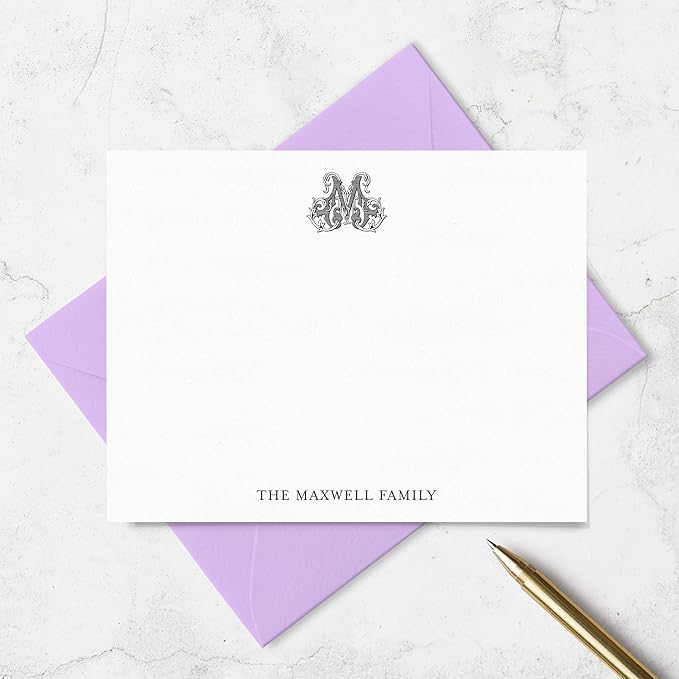 Classic 1 Letter Monogram Note Card and Envelope Stationery Set, Traditional Monogrammed Personalized Stationary in Choice of Set Size and Colors (Monogram with Name at Bottom)