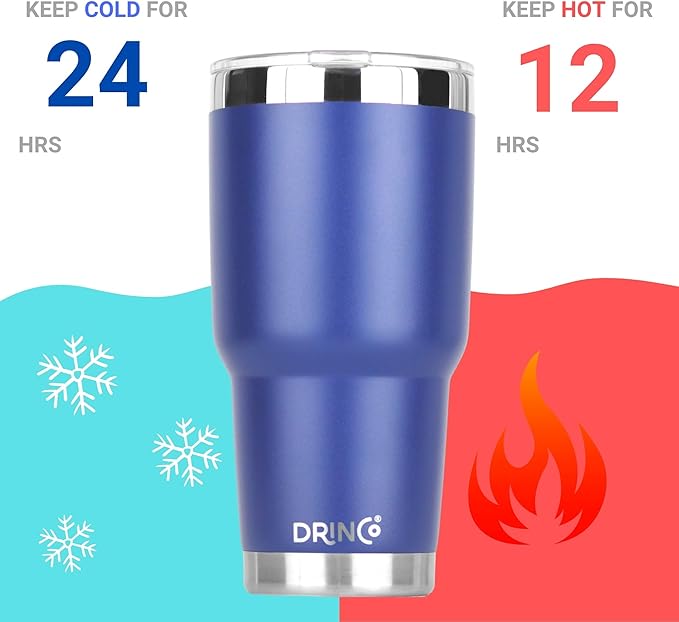 Drinco - 30 oz Stainless Steel Tumbler | Double Walled Vacuum Insulated Mug With Lid, 2 Straws, For Hot & Cold Drinks (30oz Royal Blue, 30oz)