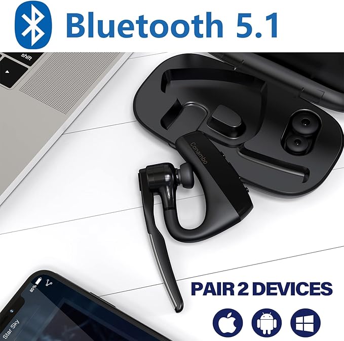 CONAMBO Bluetooth Headset V5.1, 16 Hrs HD Talktime CVC8.0 Dual Mic Noise Cancelling Hands Free Bluetooth Earpiece for Cell Phone iPhone Android Driving Business Office