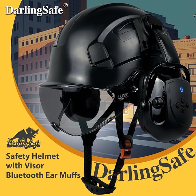 Hard Hats with Visor Bluetooth Ear Muffs Safety Helmet with Visors Mounted Safety Ear muff Hardhats Vented ANSI Z89.1 OSHA