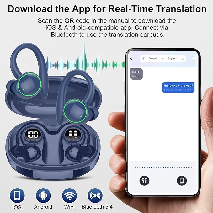 Ai Language Translation Earbuds, 144 Language Translator Earbuds 3-in-1 Translation Headphones, Blue