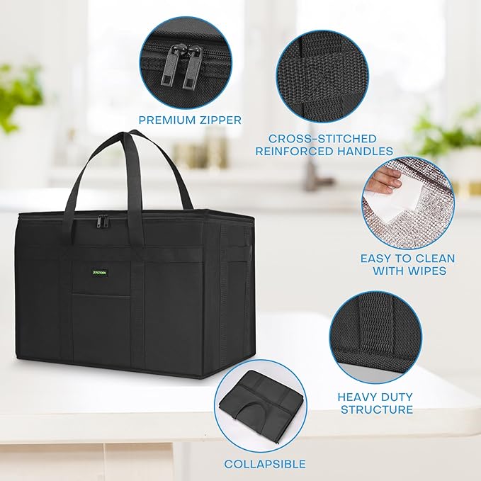 JUNGYOON 2-Pack Heavy-Duty Insulated Grocery Bags & Picnic Basket – Collapsible Cooler Bag with Zippered Top | Reusable Shopping Bags for Groceries, Picnics, Easy Storage(XL Black)