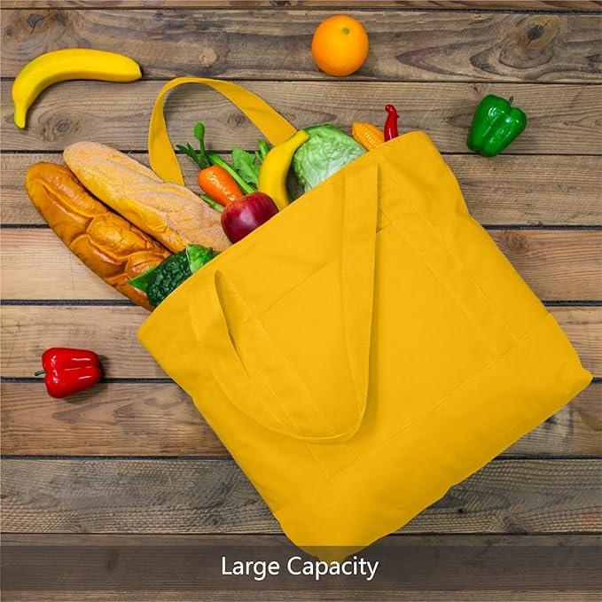 TOPDesign 1-Pack Canvas Tote Bags with an External Pocket, Reusable Grocery Shopping Bags, Top Zipper Closure, Daily Essentials (Yellow)