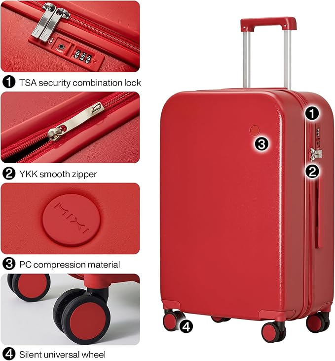 mixi Luggage Suitcase with Spinner Wheels, Hardside Rolling Suitcase PC with Cover & TSA Lock Lightweight Travel Case 24in Checked in, Red