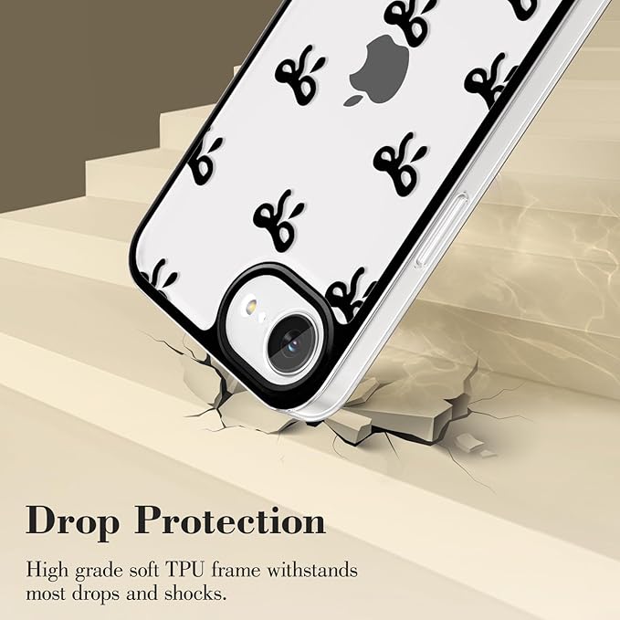 EYZUTAK Case for iPhone 16e, Clear Cute Ribbon Bowknot Pattern Aesthetic Transparent Phone Case Raised Camera Protection Stylish Slim Soft Durable TPU Protective Cover for Women Girls - Black