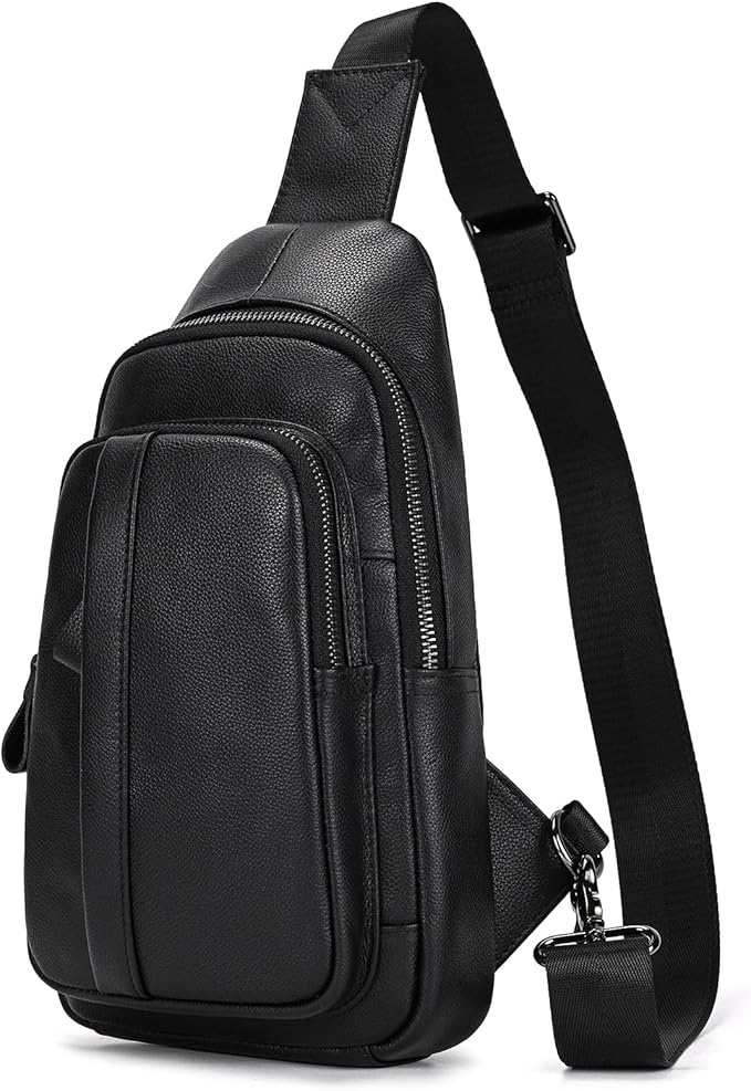 Genuine Leather Sling Bag Multi-pocket Chest Bag for Men Hiking Travel Daypack