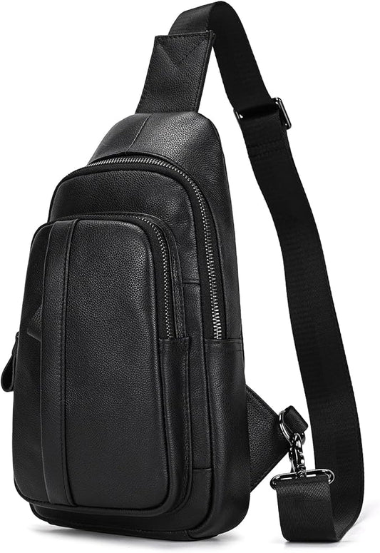 Genuine Leather Sling Bag Multi-pocket Chest Bag for Men Hiking Travel Daypack