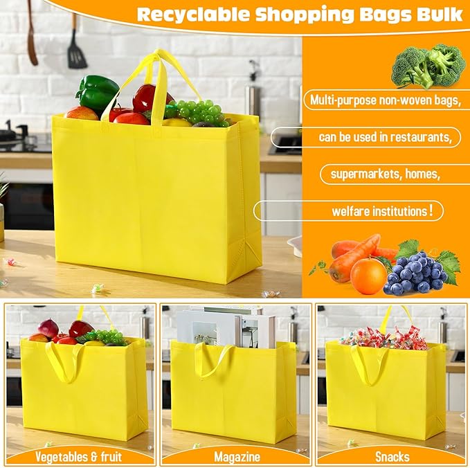 Windyun Reusable Grocery Bags Large Non Woven Shopping Bags with Handles Foldable Portable Tote Bulk, 16x6x12 Inch