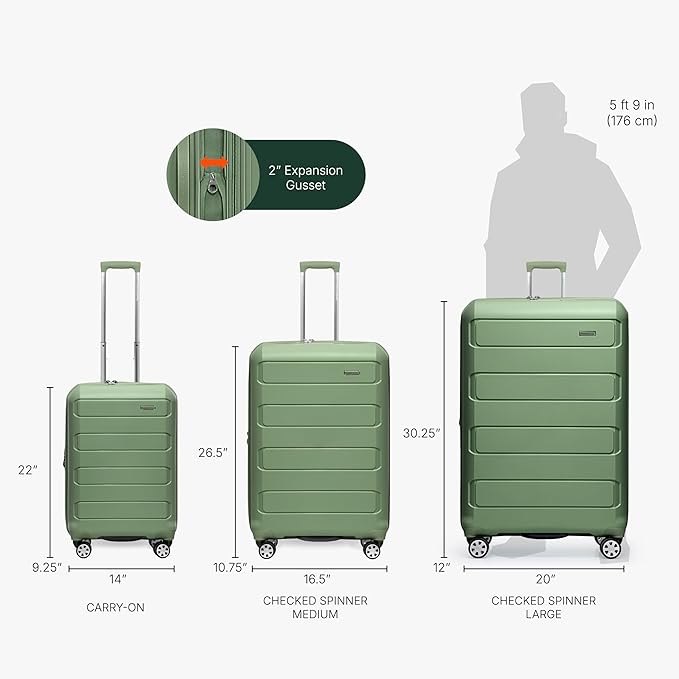 Traveler's Choice Pagosa Indestructible Hardshell Expandable Spinner Luggage, Green, 3-Piece Set (22/26/30)