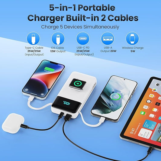 Portable Charger 40800mAh for iPhone with 2 Built-in Cable and iWatch Charger, 5-in-1 25W PD Fast Charging USB C Power Bank,QC4.0 LED Display Battery Pack for iPhone 16/15/14/13/12,Android,Apple Watch