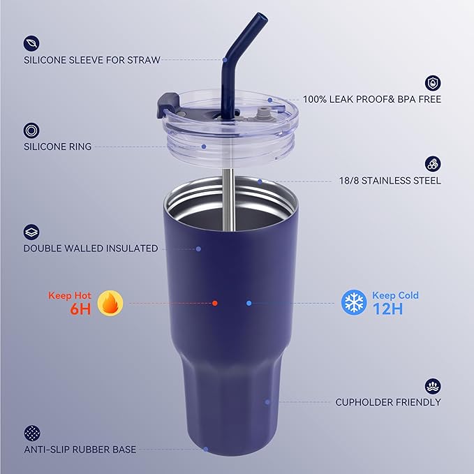 VEGOND 30 oz Insulated Stainless Steel Tumbler with lid and straw Double Wall Vacuum Travel Coffee Mug with Non-Slip Silicone Base, Sweat Proof Powder Coated Cup for Hot Cold Drinks, Navy