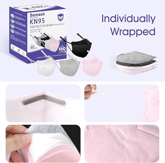 KN95 Adjustable Masks 40 Pack, Individually Wrapped Disposable Respirator Masks with Adjustable Ear Loops, Multicolored