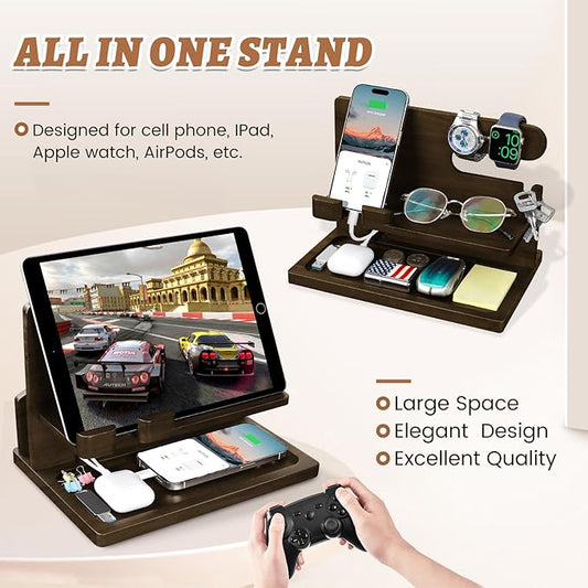 Gifts for Men Wood Phone Docking Station for Men Nightstand Organizer Gifts for Dad Charging Station Cell Phone Stand Desk Organizer Gifts for Husband Boyfriend Brother Son (Grey)