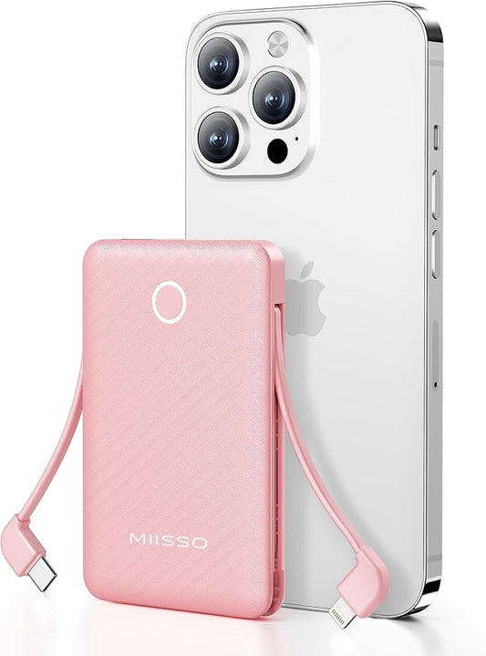 6000mah Ultra Slim Built in Cables Power Bank, Card Size Built in USB C Cords Battery Pack Portable Charger for Phones, 3 Output External Battery Pack Compatible with iPhone, Samsung, Blossom pink