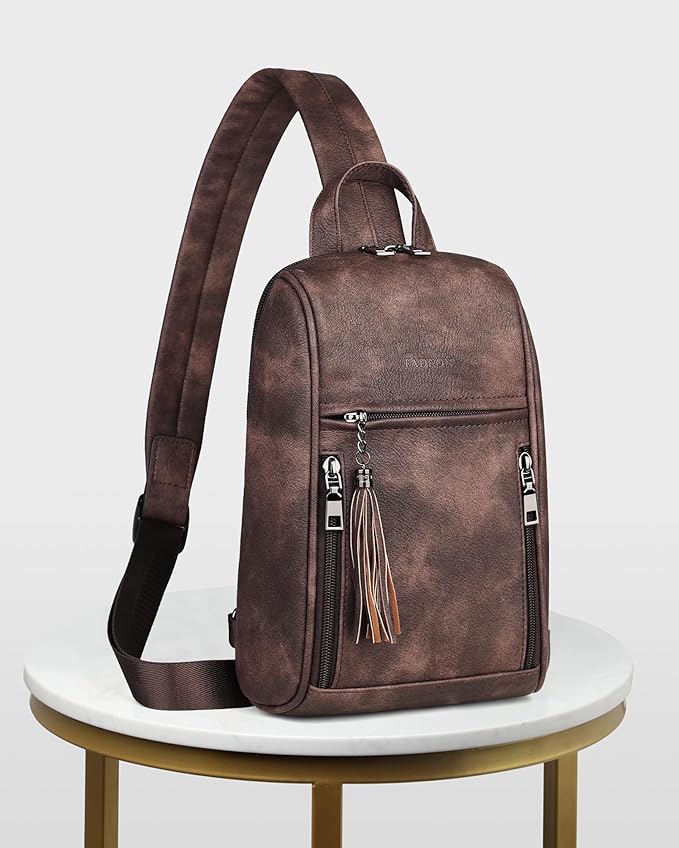 FADEON Sling Bag for Women, Crossbody Purse with Tassels, Designer Leather Shoulder Chest Bags for Travel