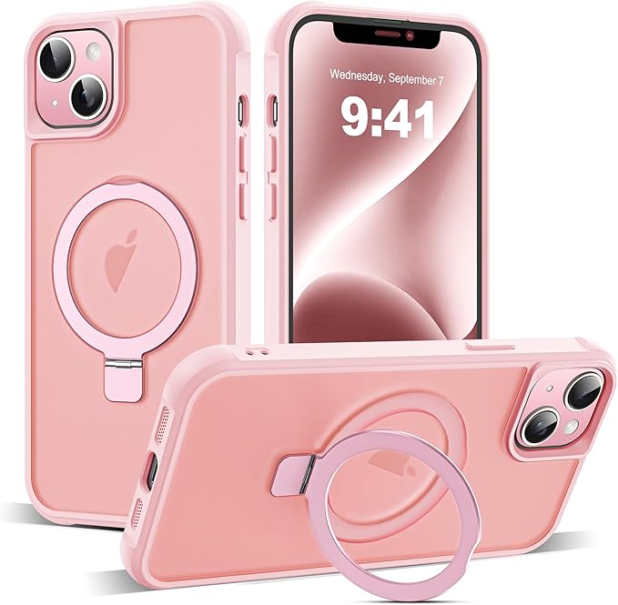 Compatible with iPhone 14 Plus Case with Invisible Magnetic O-Ring Stand Military-Grade Translucent Case for iPhone 14 Plus 6.7" [Compatible with Mag-Safe][Great Grip Feeling], Pink