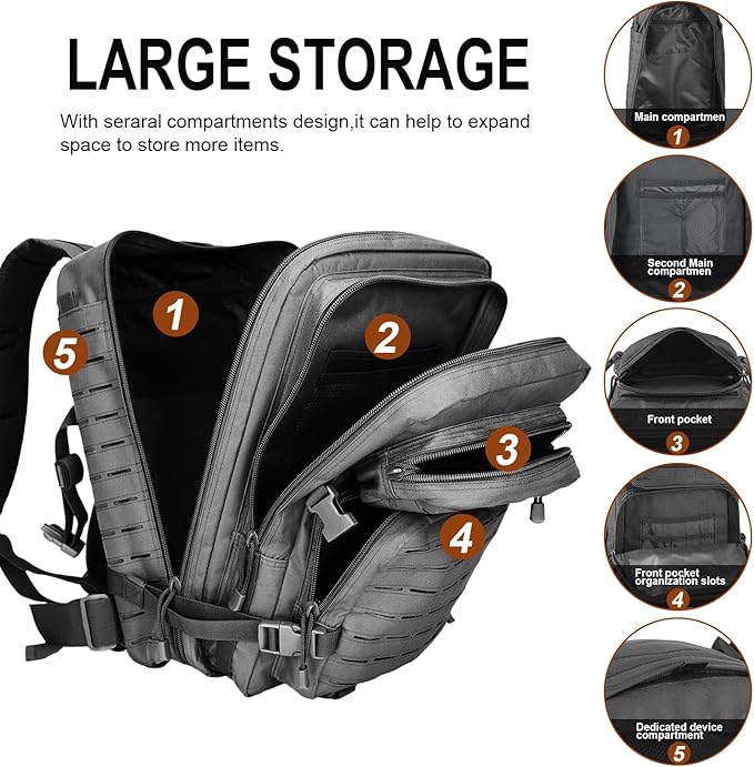 40L Tactical Backpack, Camouflage Military Bug Out Bag, Durable MOLLE Hiking Camping Gear (BLACK)