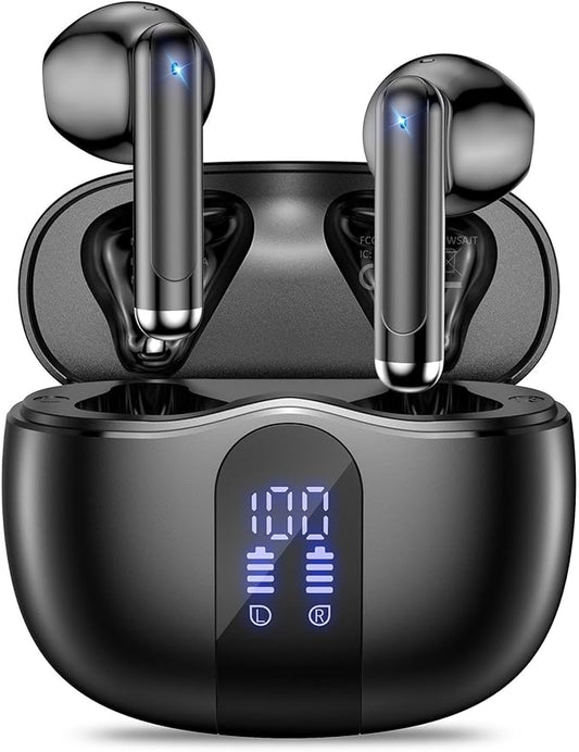Wireless Earbuds, 2025 Bluetooth 5.4 Bass Stereo Headphones with 4 ENC Mic, 50H Playback Ear Buds with Charging Case LED Display,Sport Earphones IPX7 Waterproof for Phone, Android, Pad, Black