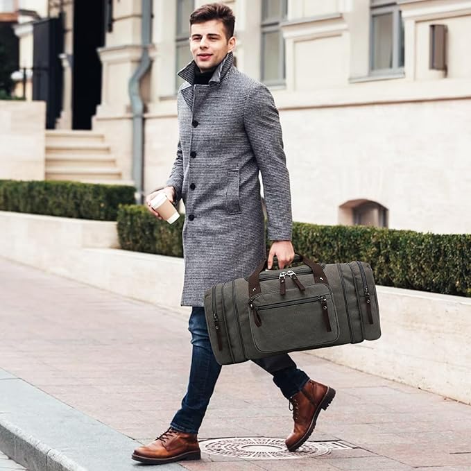 Felipe Varela Duffle Bag for Men, Expandable Canvas Duffel Bag for Travel, Mens Carry On Luggage Bags Traveling Weekender Gym Overnight Bags for Airplanes, Grey