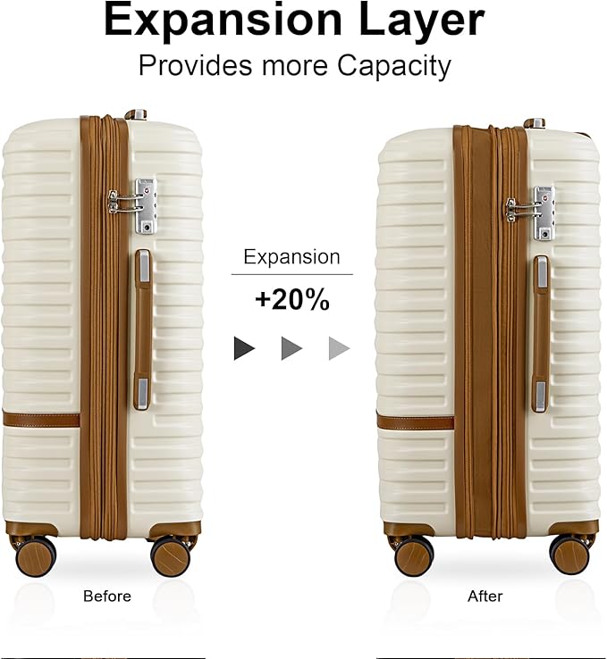 Joyway Luggage Set 3 Piece Suitcase Sets with Spinner Wheel,Hardside Expandable Travel Laggage with TSA Lock (13/20/24/28 White brown