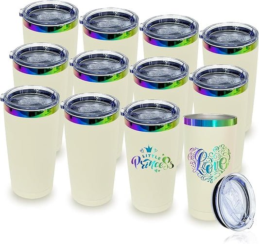 20 oz Stainless Steel Tumbler with Lid and Straw Double Wall Vacuum Insulated Coffee Mug Powder Coated Cup for Hot and Cold Drinks (White,12 pack)