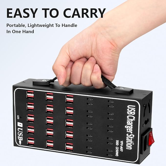 Multiple USB Charging Station, RUANSZZ 50 Port 250 Watt (50A) USB~C Charger Block with Power Switch, Multiple USB Desktop Charger Station, Suitable for Shops, Hotels, Schools, Shopping malls