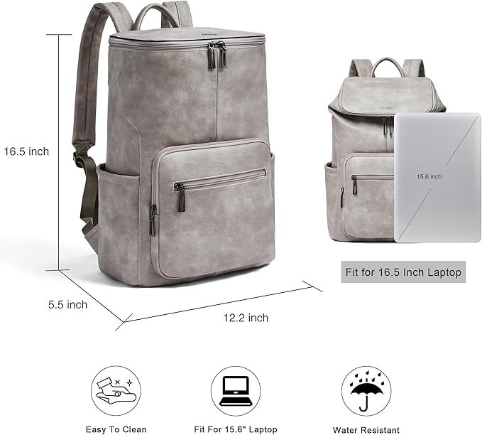 Leather Laptop Backpack for Women, 15.6 Inch Travel Backpack with Laptop Compartment, Casual Daypack Fashion Travel Backpack Purse for Travel College Work, Grey