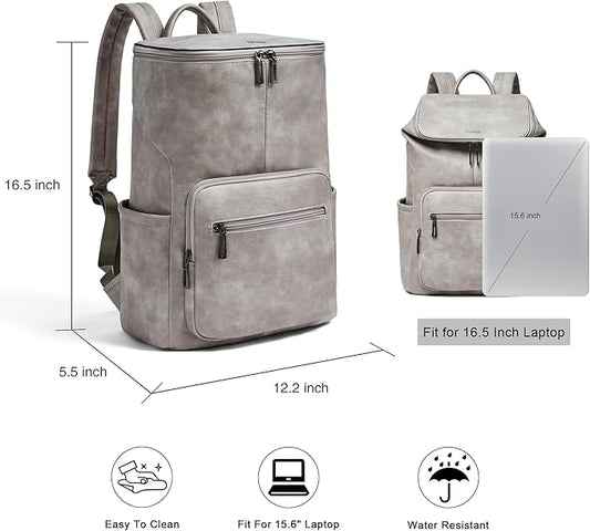 Leather Laptop Backpack for Women, 15.6 Inch Travel Backpack with Laptop Compartment, Casual Daypack Fashion Travel Backpack Purse for Travel College Work, Grey