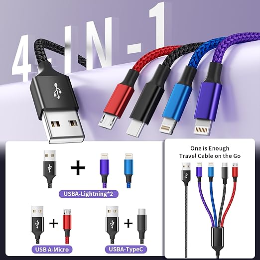 Dual IP 4 in 1 Multi Charging Cable [1Pack 5FT], Nylon 4 in 1 Charging Cable, Multi Chargers for All Devices with IP/IP/Type C/Micro Port, Compatible with Most Cell Phones/Tablets and More