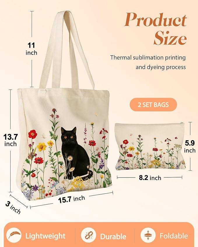 2 Pack Canvas Tote Bag - with Makeup Pouch Aesthetic Cute Women Reusable Canvas Bag for Shopping, Work, Travel