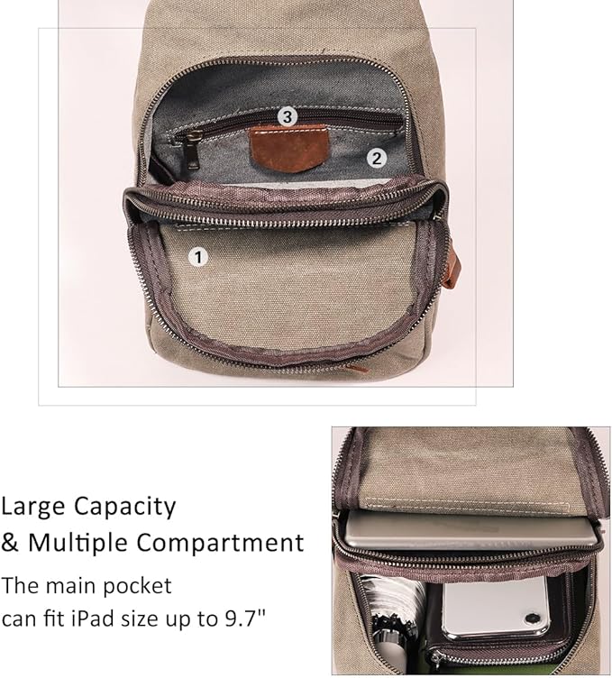KL928 Canvas Sling Bag Crossbody Backpack Shoulder Casual Rucksack for Men Women,Khaki