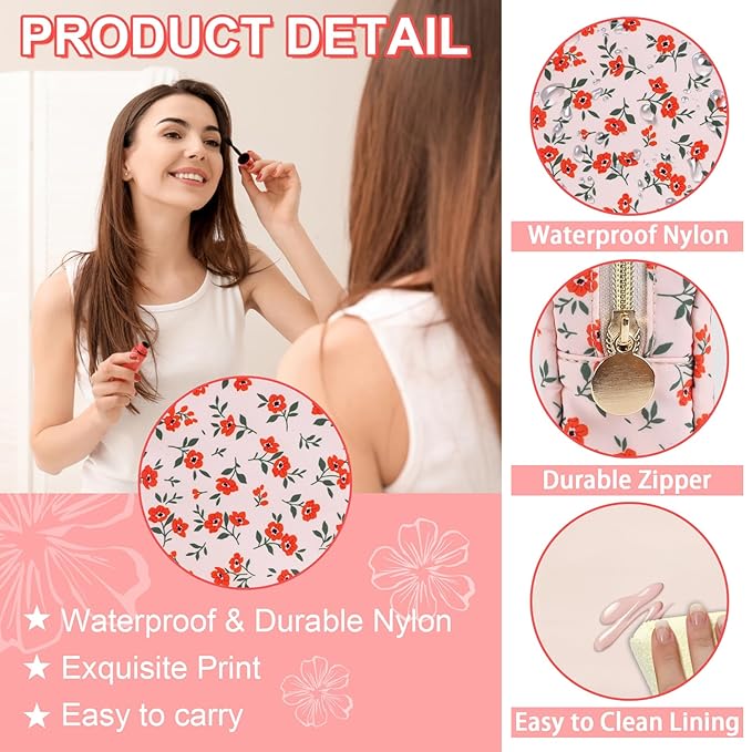 Waterproof Mini Floral Makeup Bag Pouch for Purse,Nylon Flower Cosmetic Travel Bag Small Preppy Toiletry Organizers Bag for Women Girl,Cute Zipper Pouch Coin Purse for Work(Mini Pink-Flowers)
