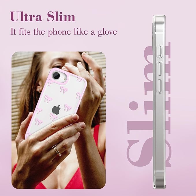 EYZUTAK Case for iPhone 16e, Clear Cute Ribbon Bowknot Pattern Aesthetic Transparent Phone Case Raised Camera Protection Stylish Slim Soft Durable TPU Protective Cover for Women Girls - Pink